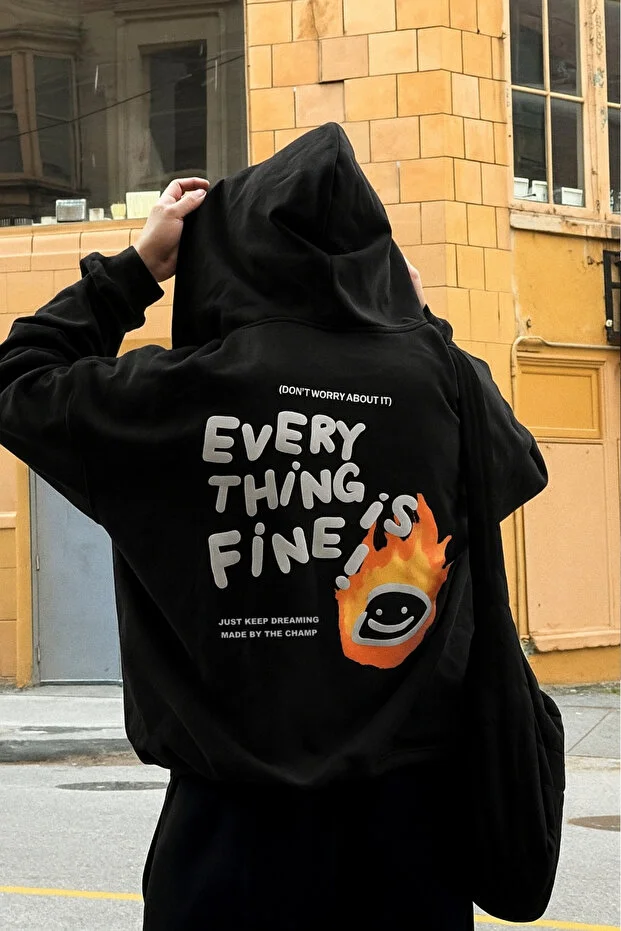 Unisex Oversize Sweatshirt Hoodie Every Thing Is Fine Baskılı Bordo–3 İplik Şardonlu Polar, Cepli